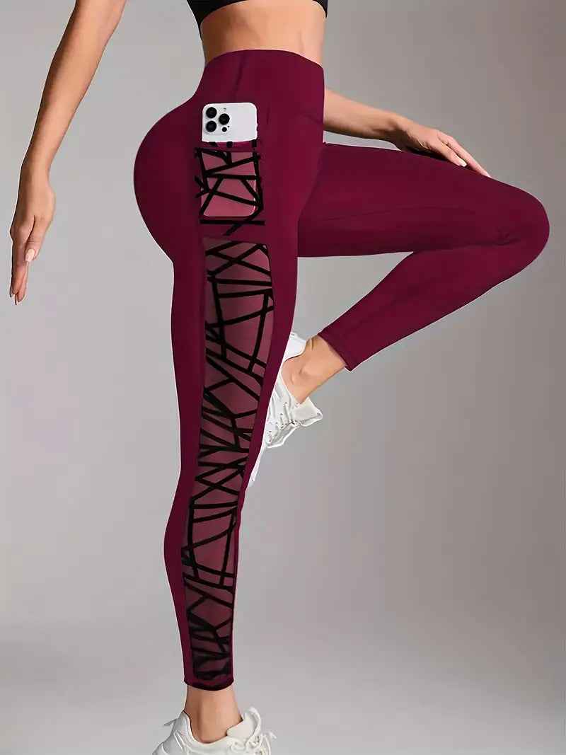 Athletic Outdoor Butt-lifting Mesh-panel Spliced Tights With Pockets