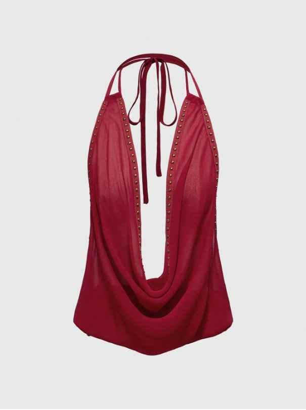 Solid-color Top With Studs Sexy Womens Clothing