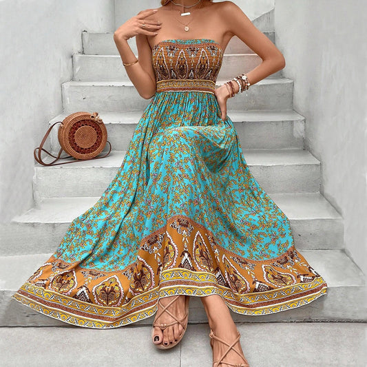 European And American-style Printed Backless Tube Dress