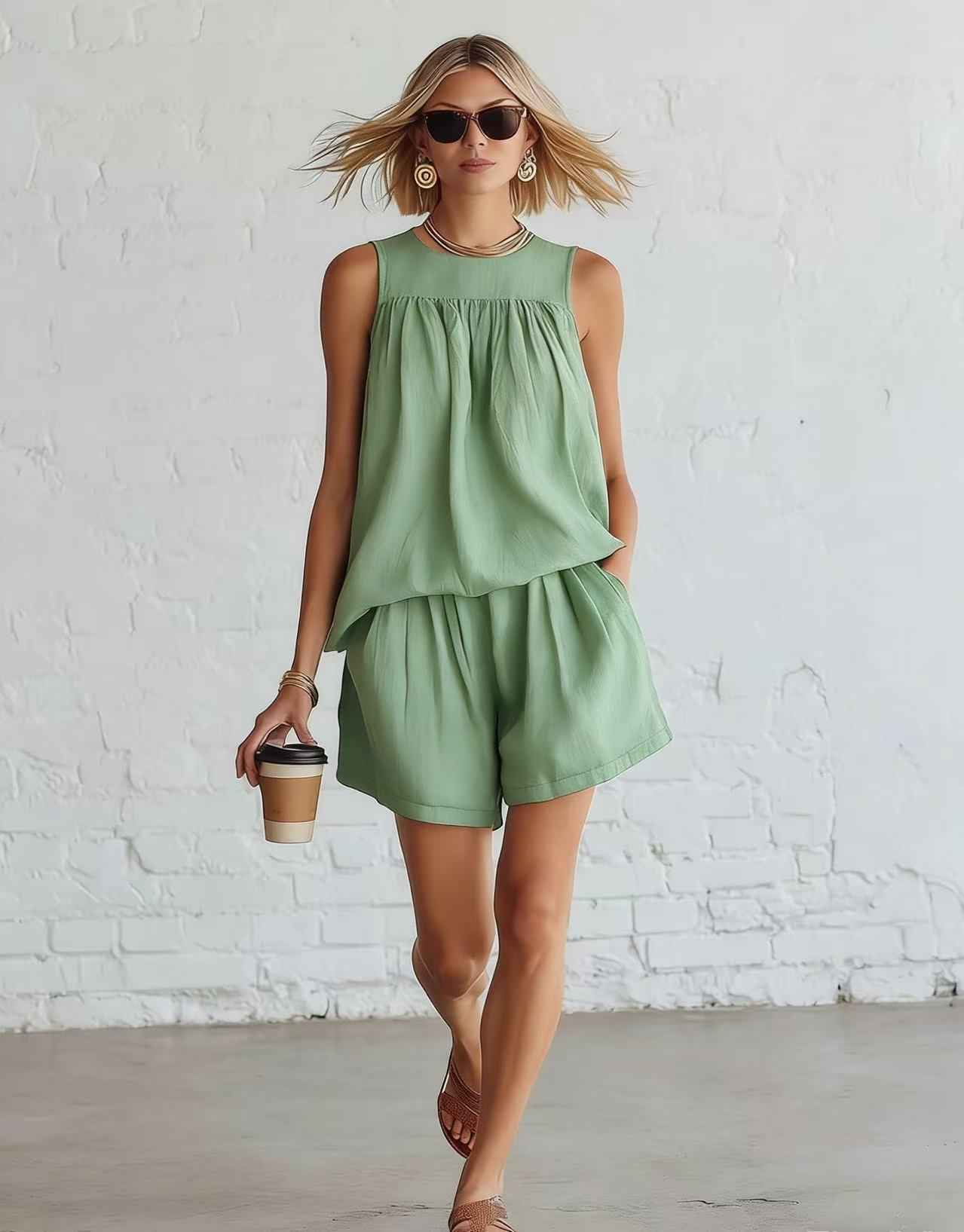 Womens Fashionable Retro Cotton-Linen Sleeveless Top And Wide-Leg Shorts Set