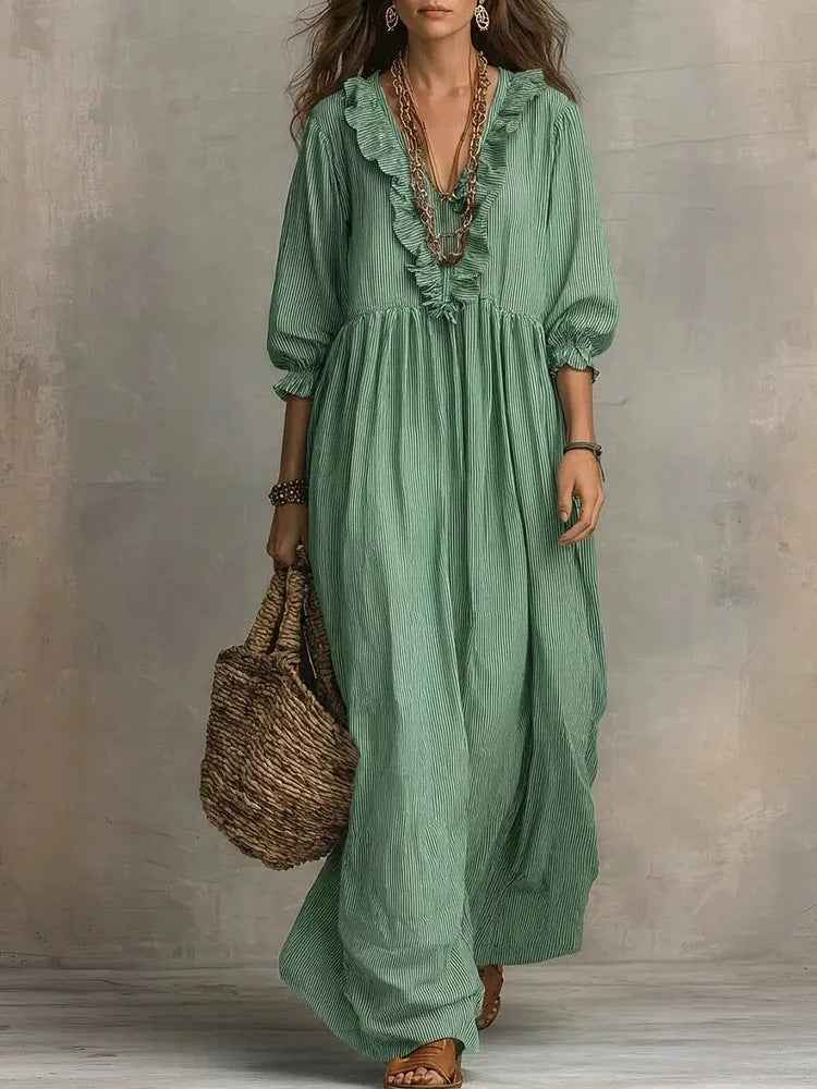 Womens Striped Ruffle-Trimmed Loose High-Waist V-Neck Dress
