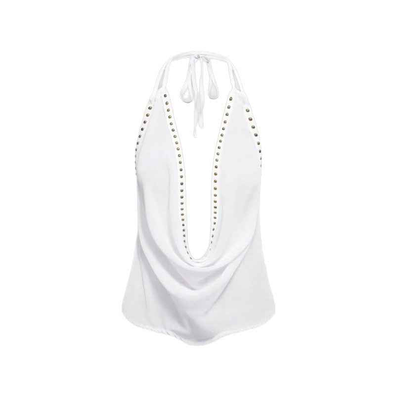 Solid-color Top With Studs Sexy Womens Clothing