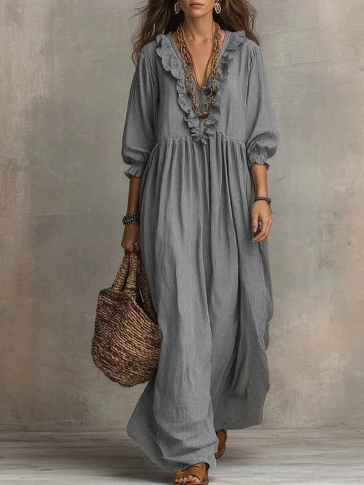 Womens Striped Ruffle-Trimmed Loose High-Waist V-Neck Dress