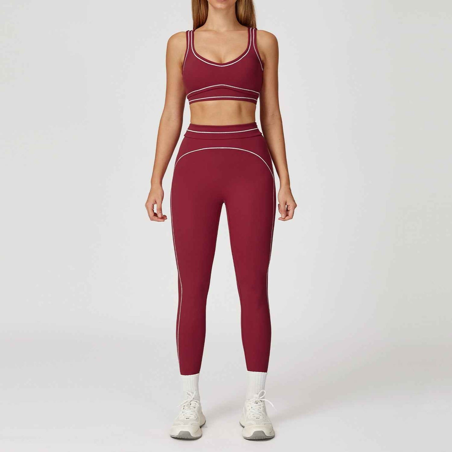 Contrast-color Brushed Yoga Set With Dual Shoulder Straps