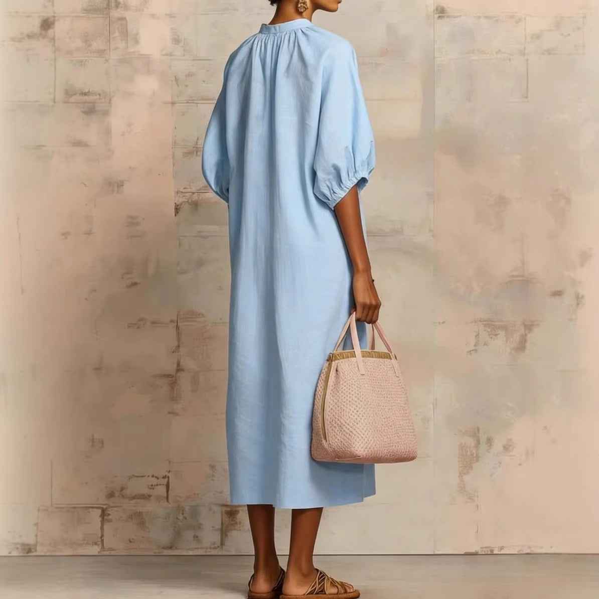 Womens Solid-Colored Cotton-Linen Loose-Fit Casual Puff-Sleeve Dress