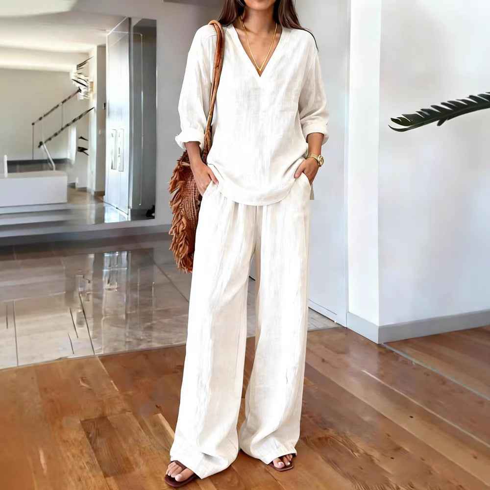 Womens Washed Cotton Multi-Color V-Neck Pullover Long-Sleeve Top And Pants Set