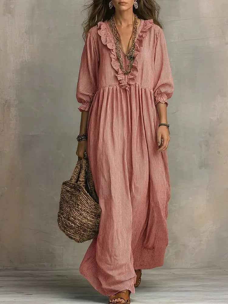Womens Striped Ruffle-Trimmed Loose High-Waist V-Neck Dress