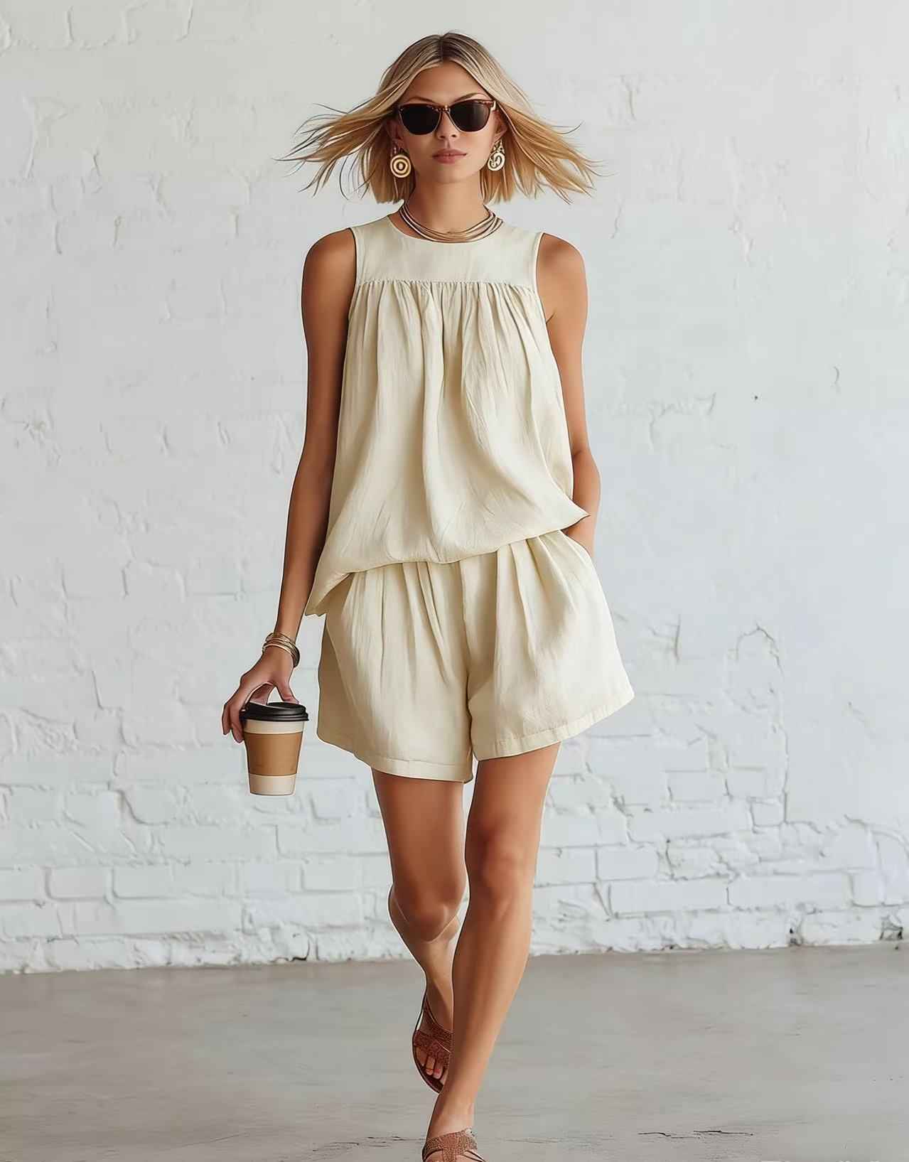 Womens Fashionable Retro Cotton-Linen Sleeveless Top And Wide-Leg Shorts Set