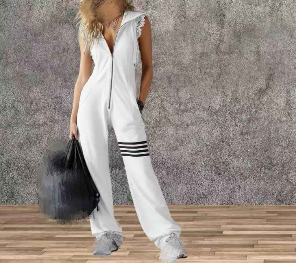 New Style Sporty Retro Lace Striped Sleeveless Hooded Jumpsuit