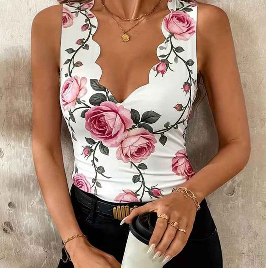 French Romantic Style Printed Sleeveless Vest For Women