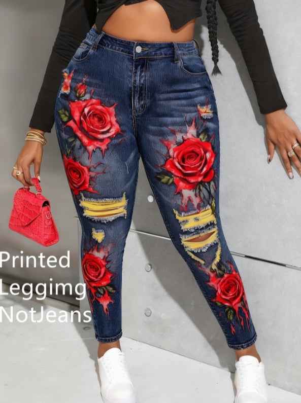French Romantic Style. High-waisted Slimming Floral Print Denim A-line Skirt.