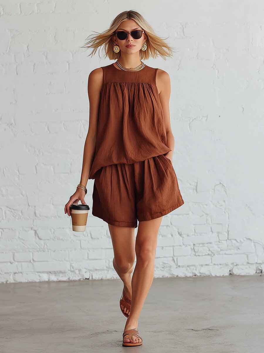 Womens Fashionable Retro Cotton-Linen Sleeveless Top And Wide-Leg Shorts Set