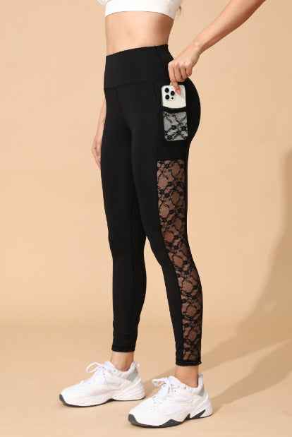 Athletic Outdoor Butt-lifting Mesh-panel Spliced Tights With Pockets