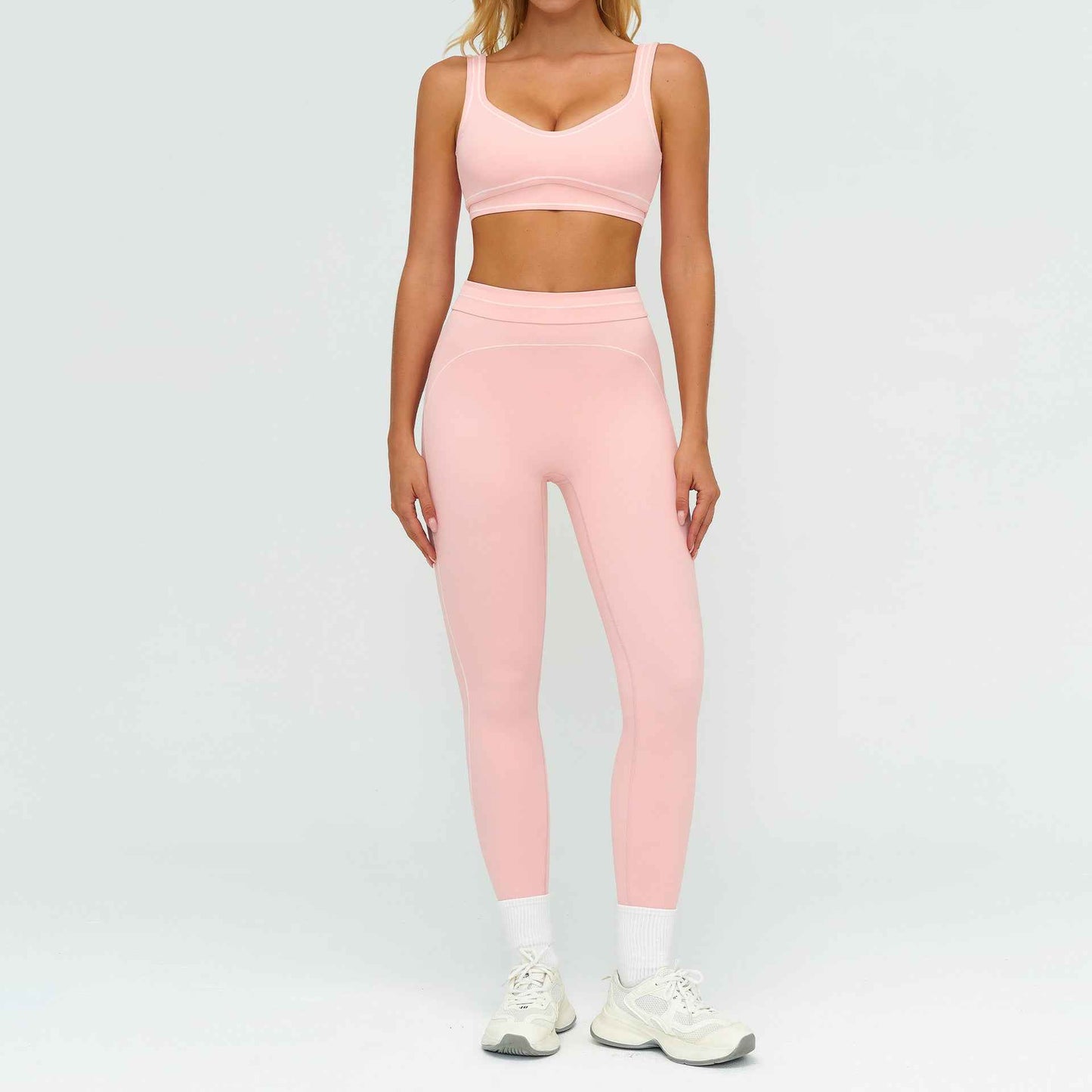 Contrast-color Brushed Yoga Set With Dual Shoulder Straps