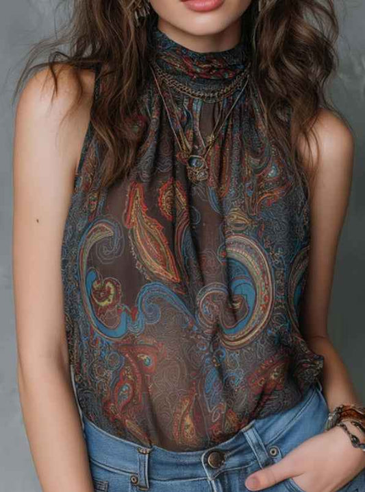 Printed Pleated Sleeveless Top