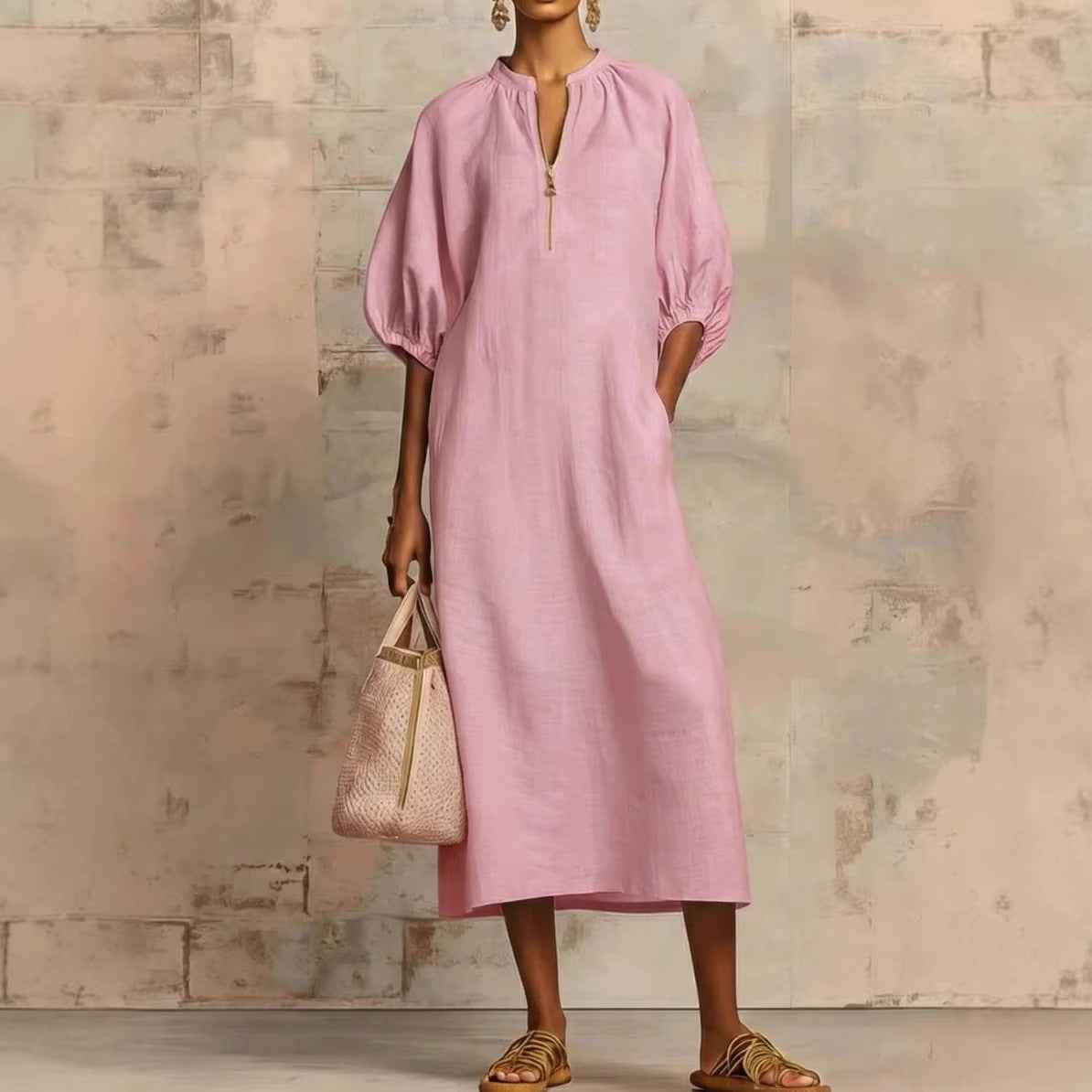 Womens Solid-Colored Cotton-Linen Loose-Fit Casual Puff-Sleeve Dress