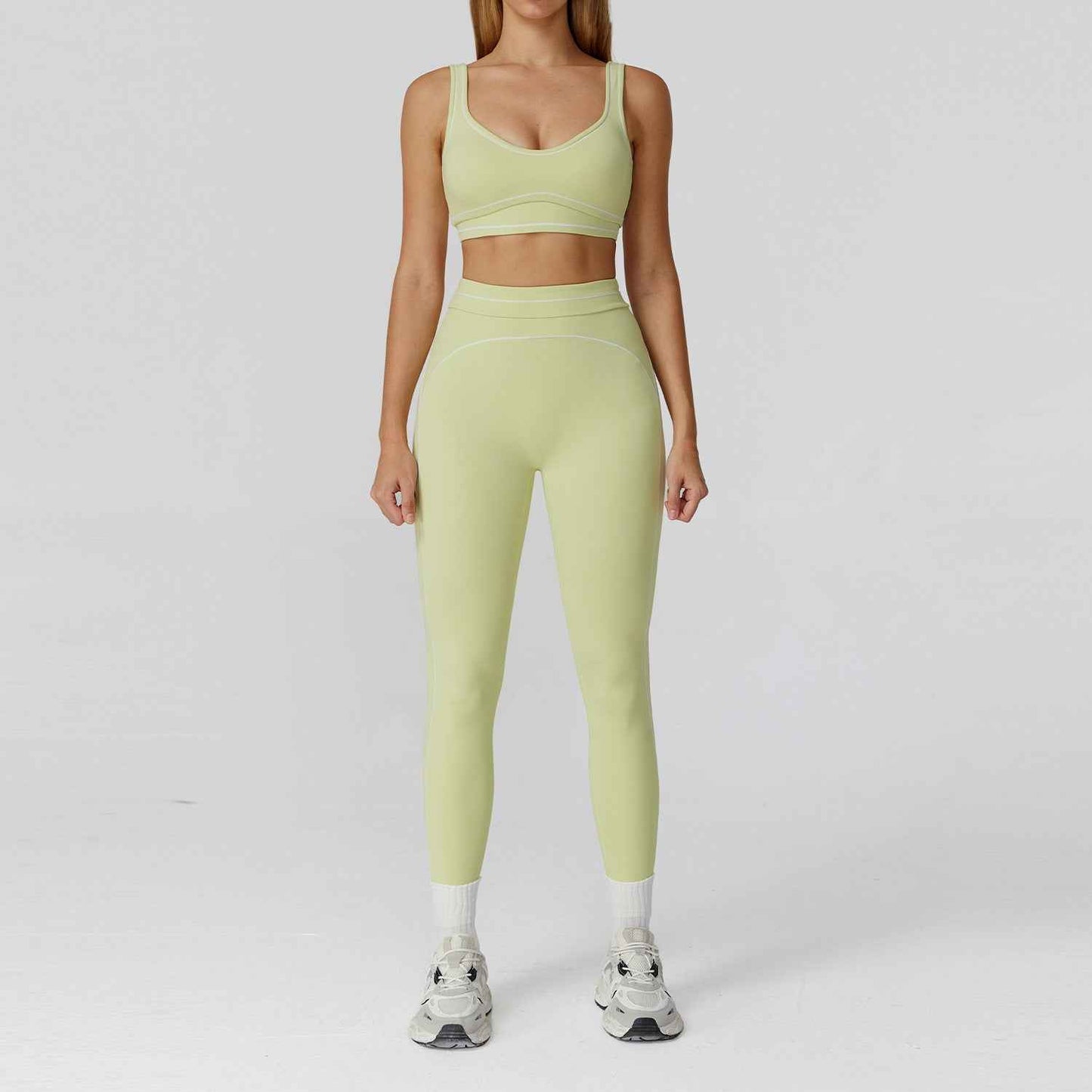 Contrast-color Brushed Yoga Set With Dual Shoulder Straps