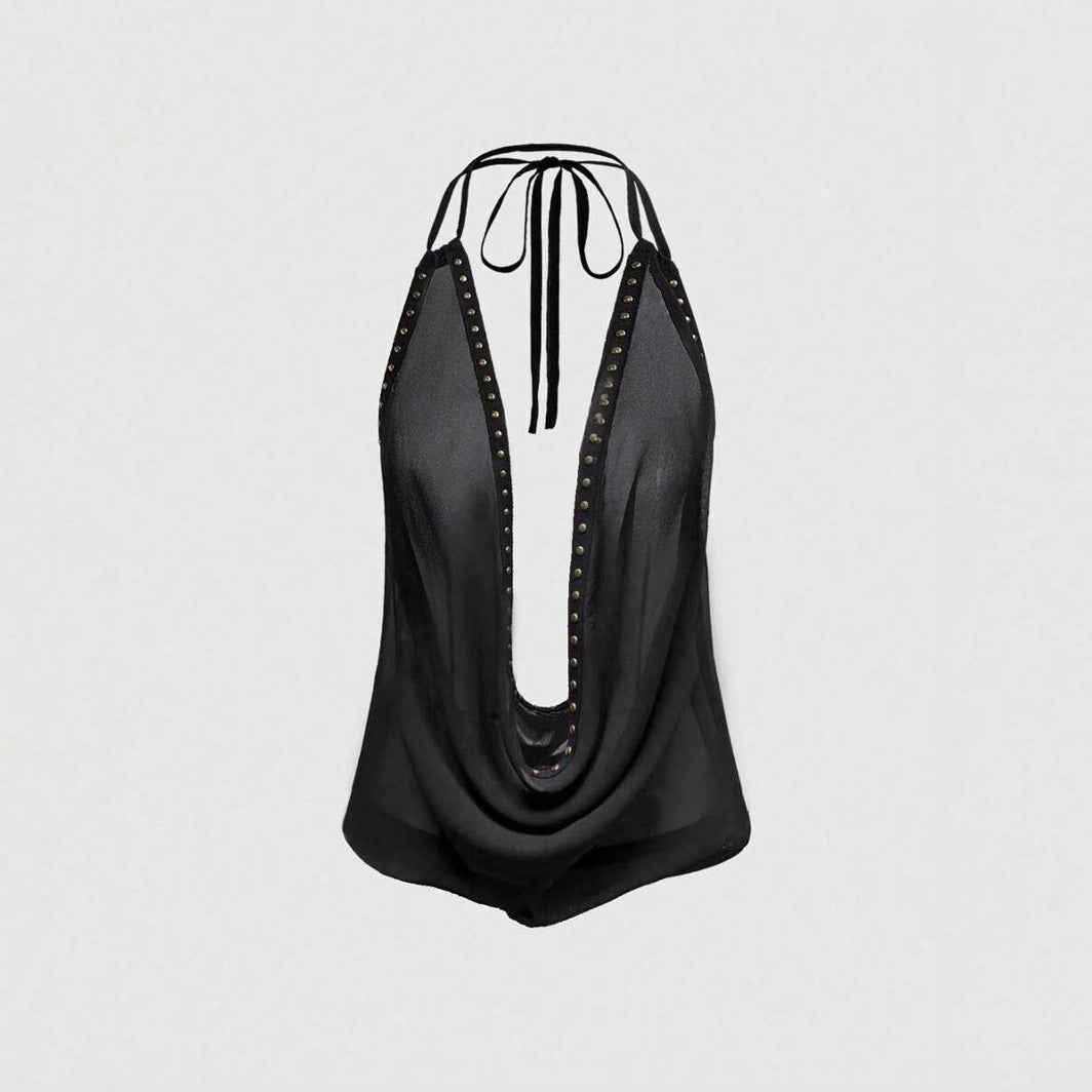 Solid-color Top With Studs Sexy Womens Clothing