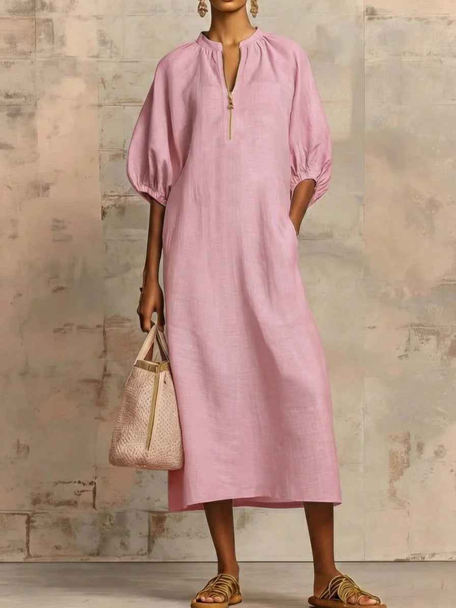 Womens Solid-Colored Cotton-Linen Loose-Fit Casual Puff-Sleeve Dress