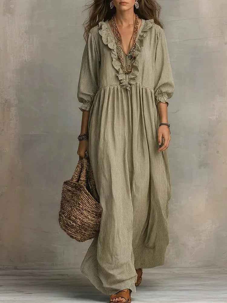 Womens Striped Ruffle-Trimmed Loose High-Waist V-Neck Dress