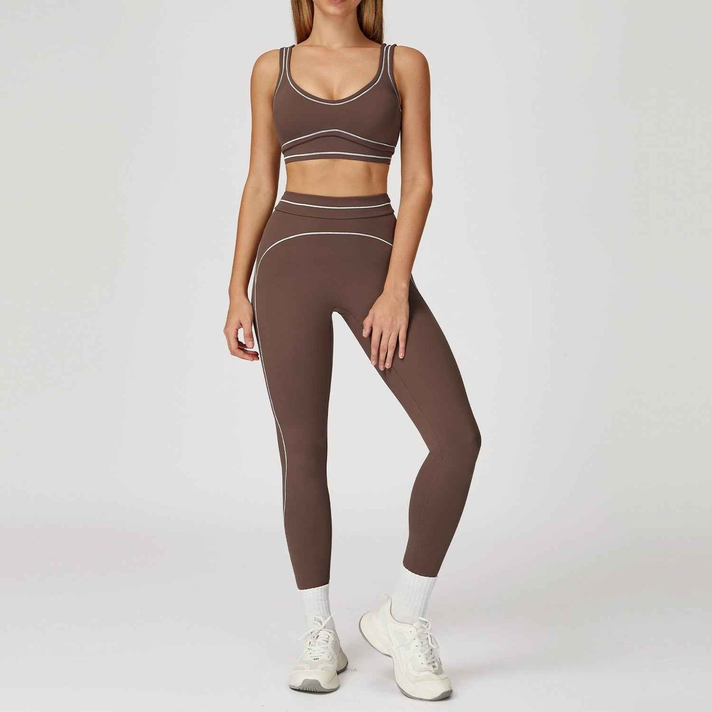 Contrast-color Brushed Yoga Set With Dual Shoulder Straps