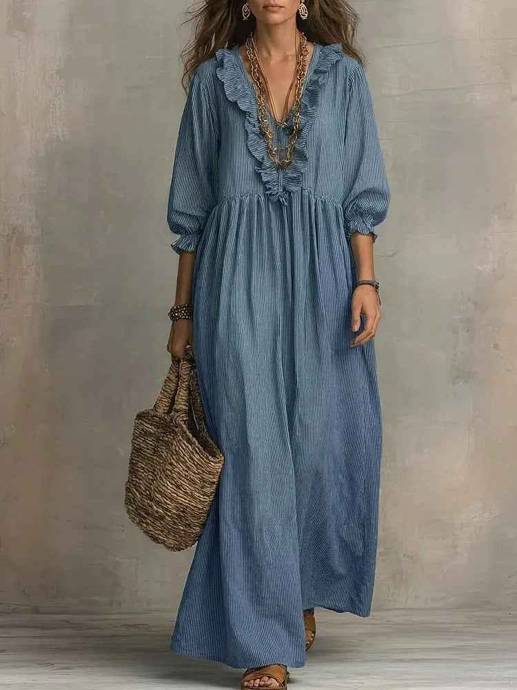 Womens Striped Ruffle-Trimmed Loose High-Waist V-Neck Dress