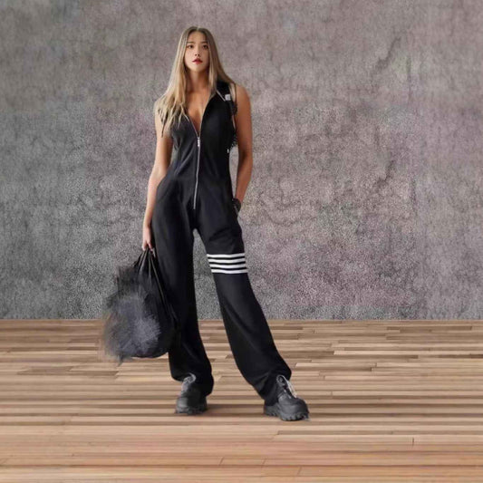 New Style Sporty Retro Lace Striped Sleeveless Hooded Jumpsuit