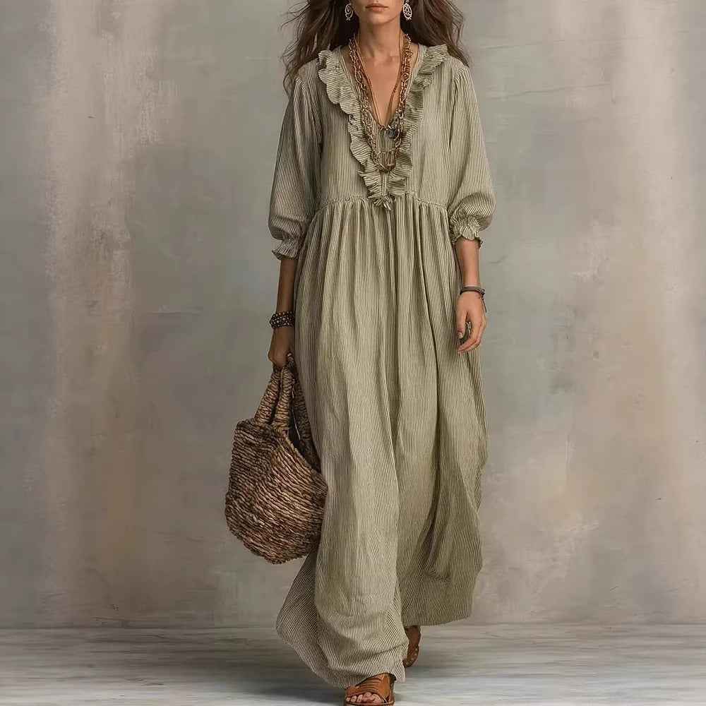 Womens Striped Ruffle-Trimmed Loose High-Waist V-Neck Dress