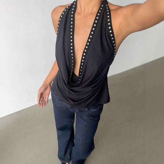 Solid-color Top With Studs Sexy Womens Clothing