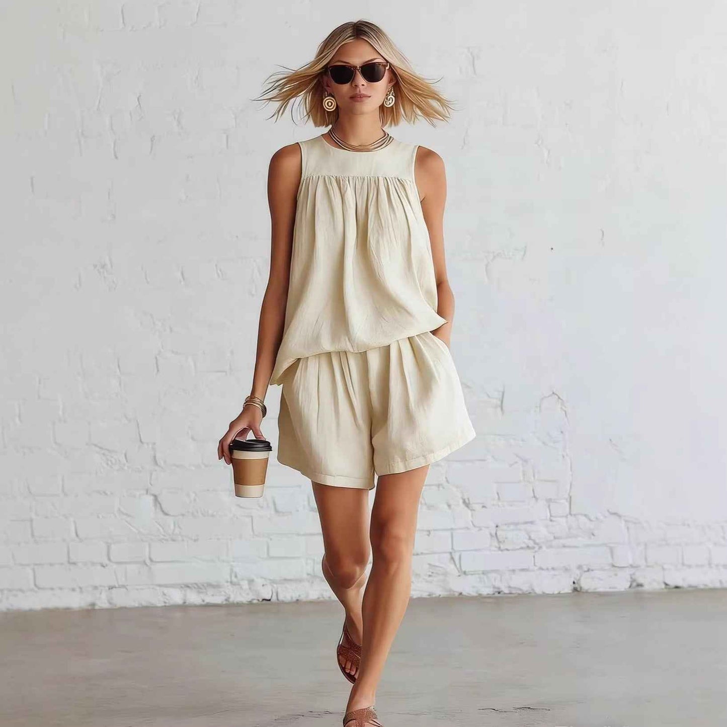 Womens Fashionable Retro Cotton-Linen Sleeveless Top And Wide-Leg Shorts Set