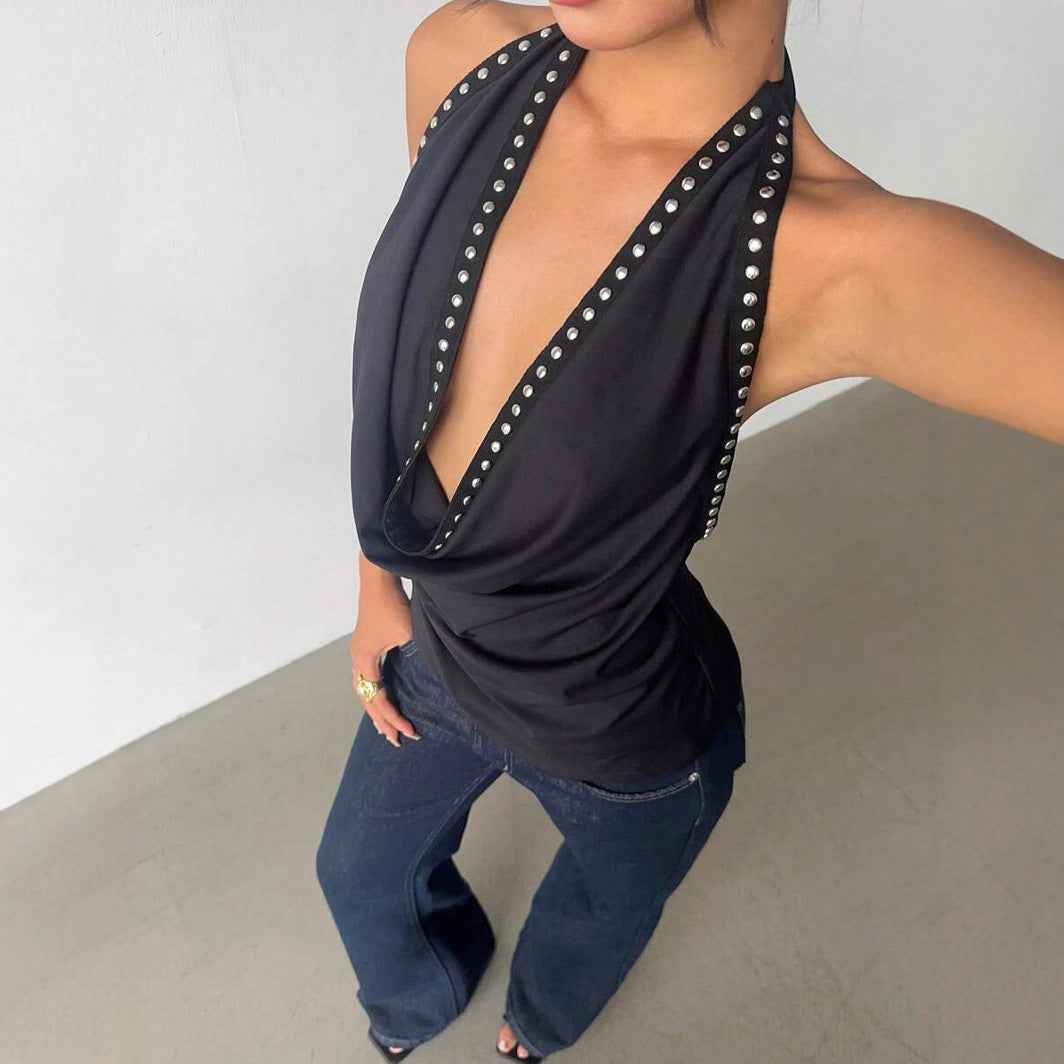 Solid-color Top With Studs Sexy Womens Clothing