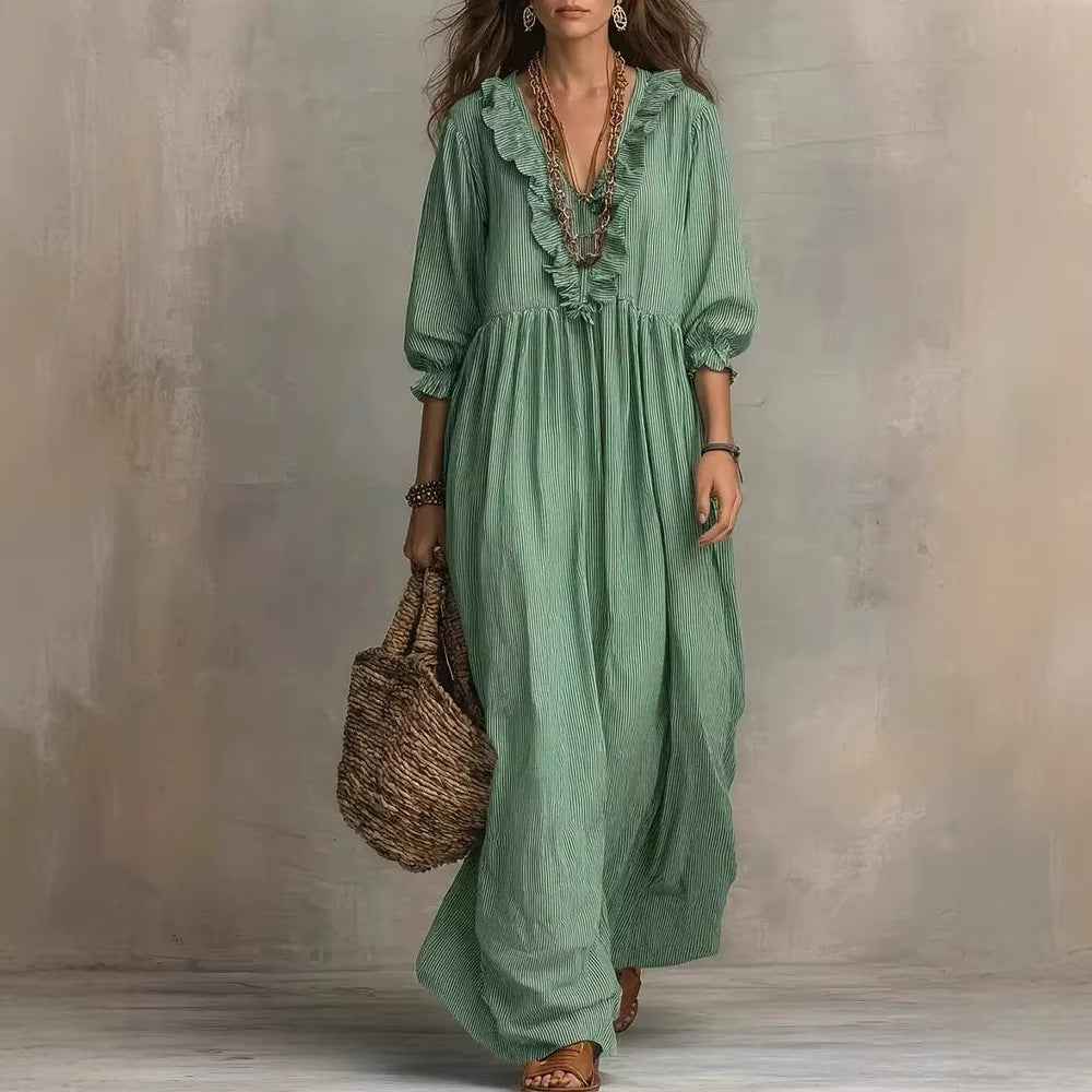 Womens Striped Ruffle-Trimmed Loose High-Waist V-Neck Dress