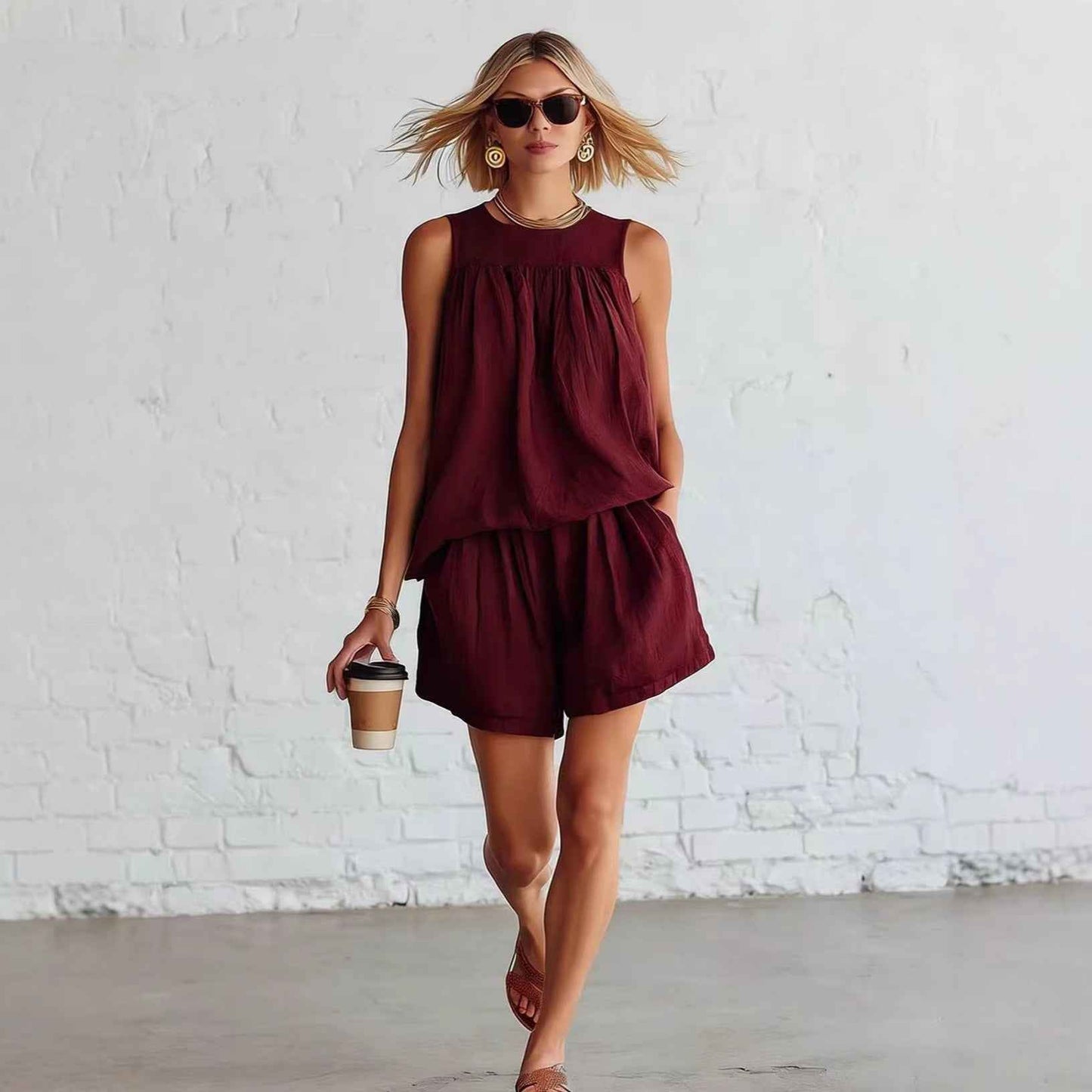Womens Fashionable Retro Cotton-Linen Sleeveless Top And Wide-Leg Shorts Set