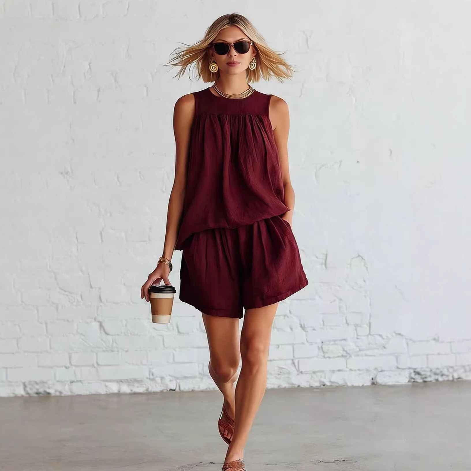 Womens Fashionable Retro Cotton-Linen Sleeveless Top And Wide-Leg Shorts Set
