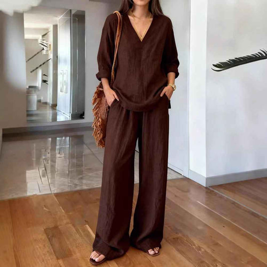 Womens Washed Cotton Multi-Color V-Neck Pullover Long-Sleeve Top And Pants Set