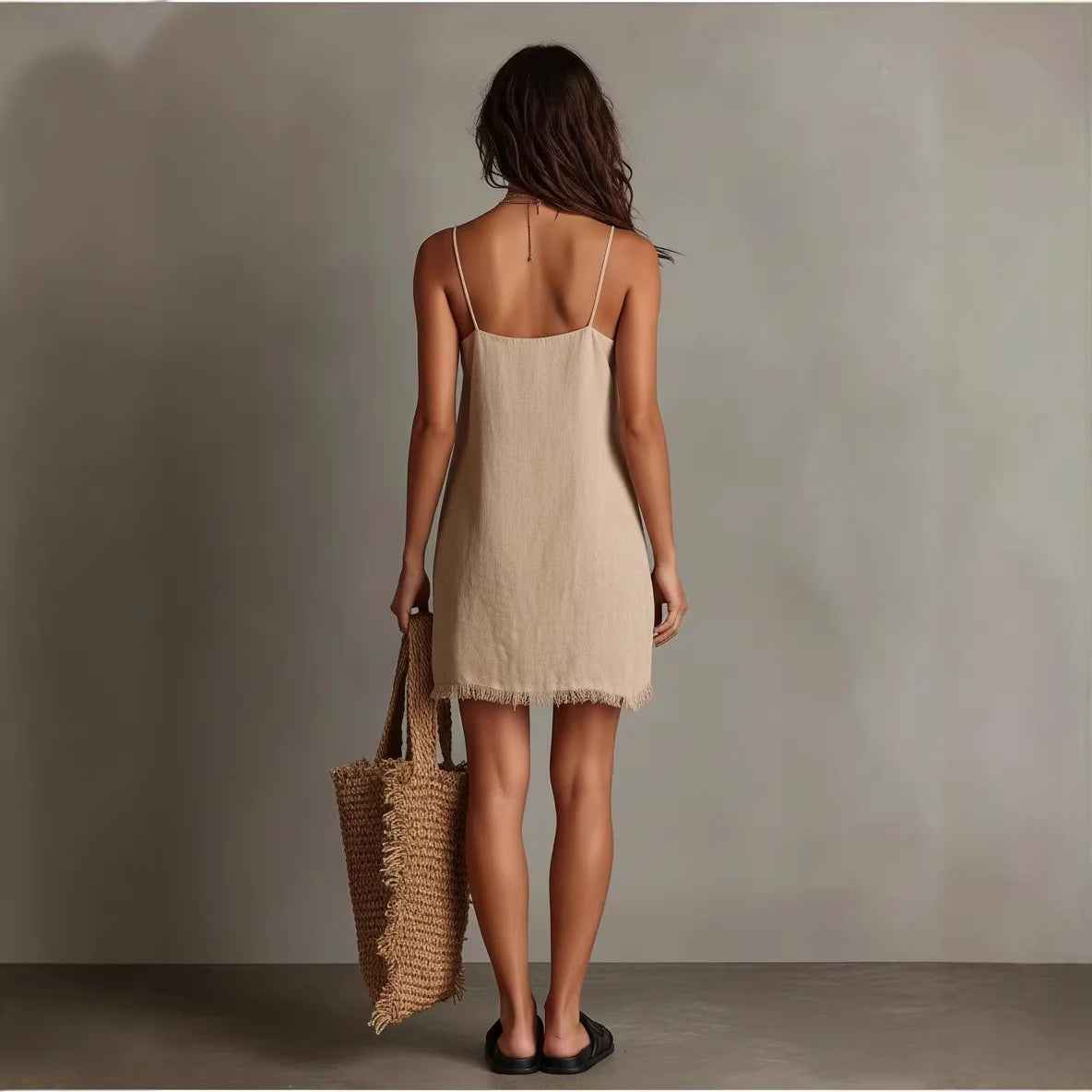 Womens V-neck Slip Mini Dress With Fringe Trim