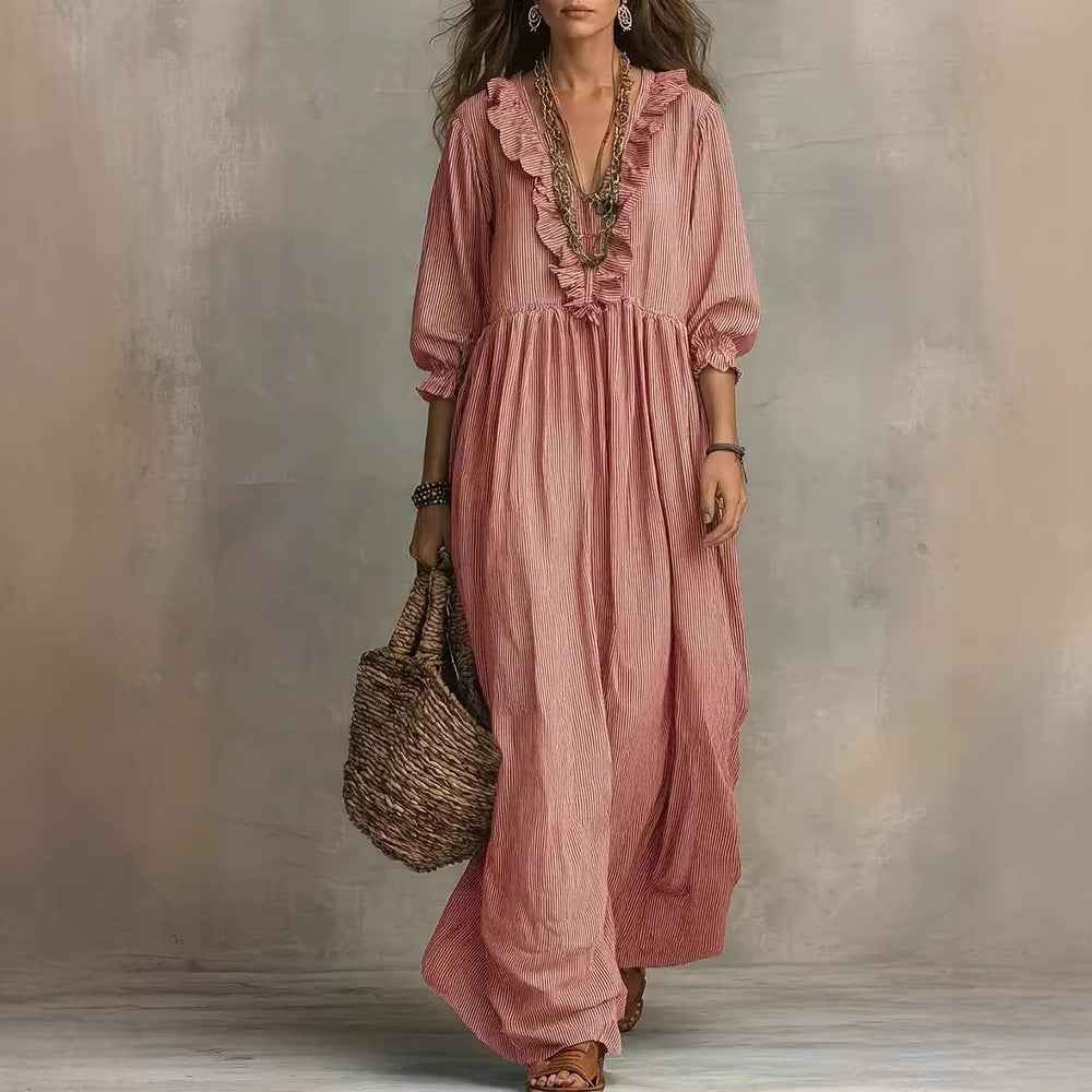 Womens Striped Ruffle-Trimmed Loose High-Waist V-Neck Dress