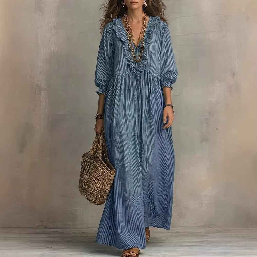 Womens Striped Ruffle-Trimmed Loose High-Waist V-Neck Dress