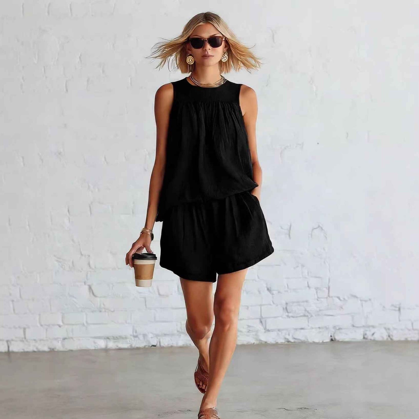 Womens Fashionable Retro Cotton-Linen Sleeveless Top And Wide-Leg Shorts Set