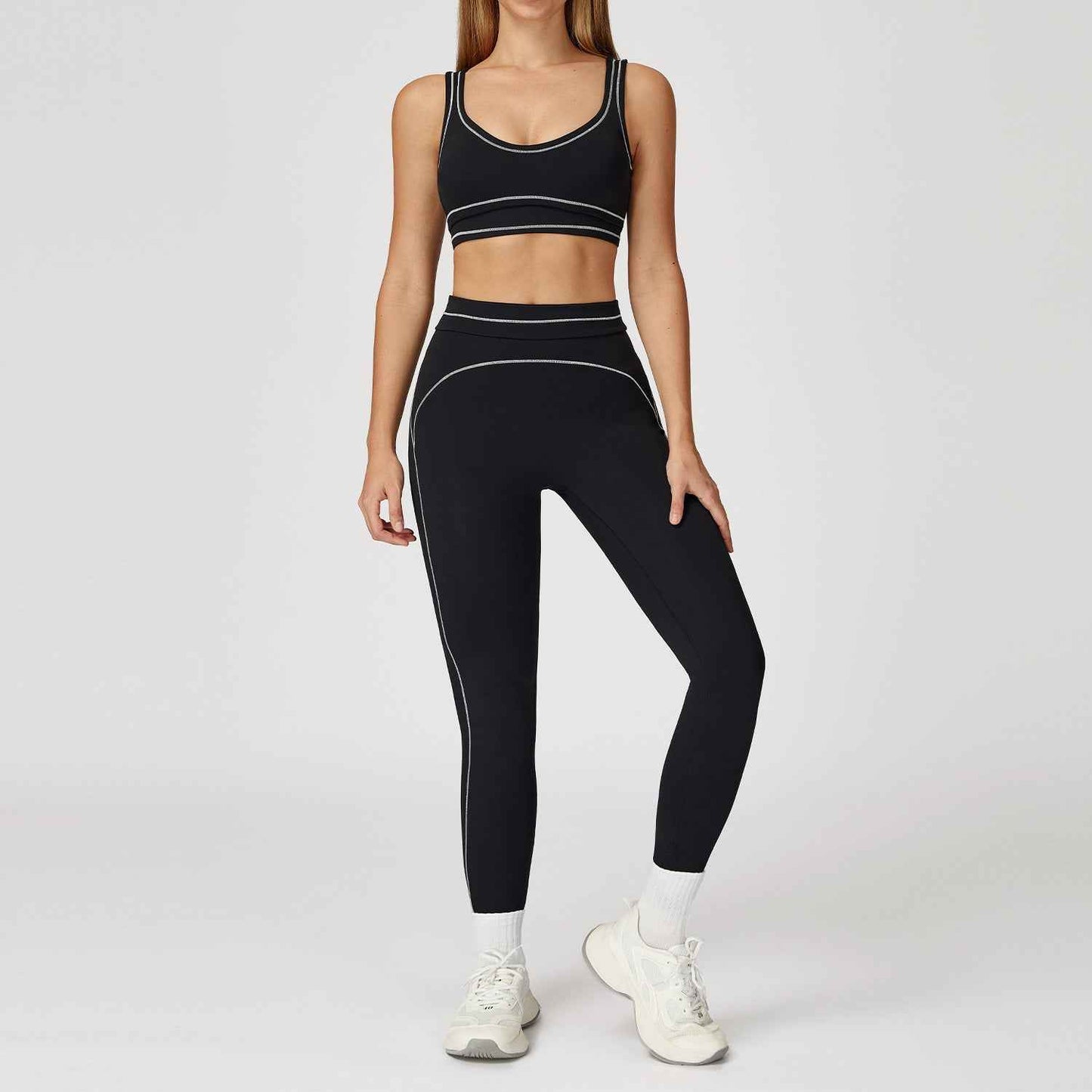 Contrast-color Brushed Yoga Set With Dual Shoulder Straps