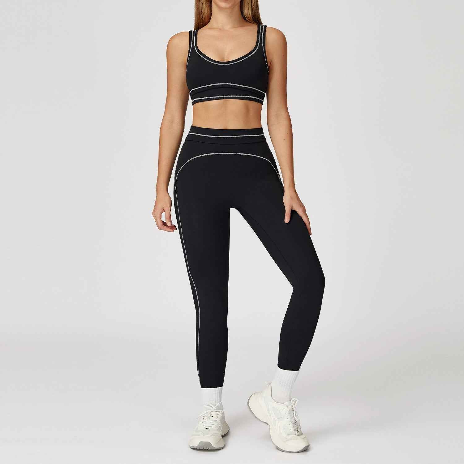 Contrast-color Brushed Yoga Set With Dual Shoulder Straps