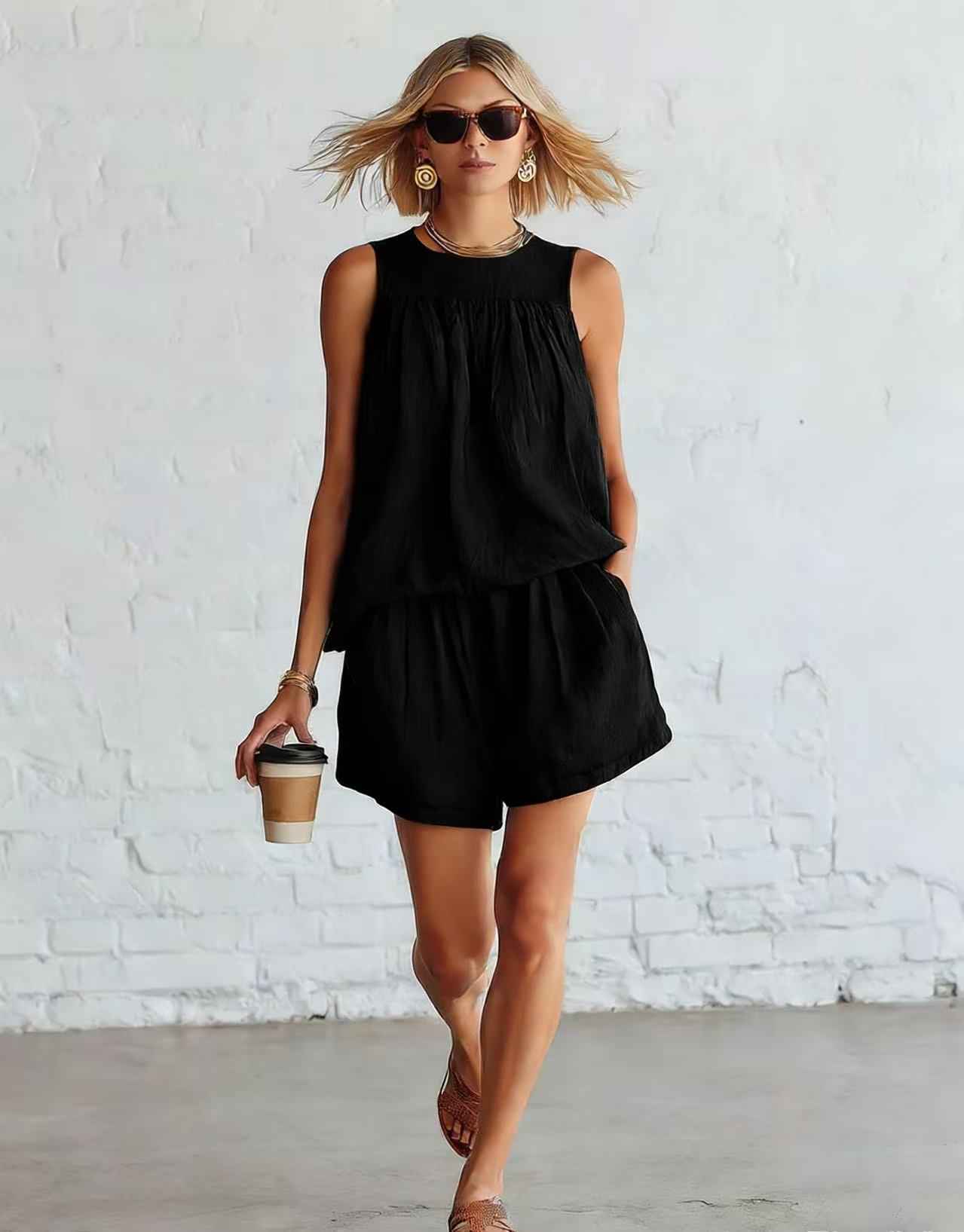 Womens Fashionable Retro Cotton-Linen Sleeveless Top And Wide-Leg Shorts Set