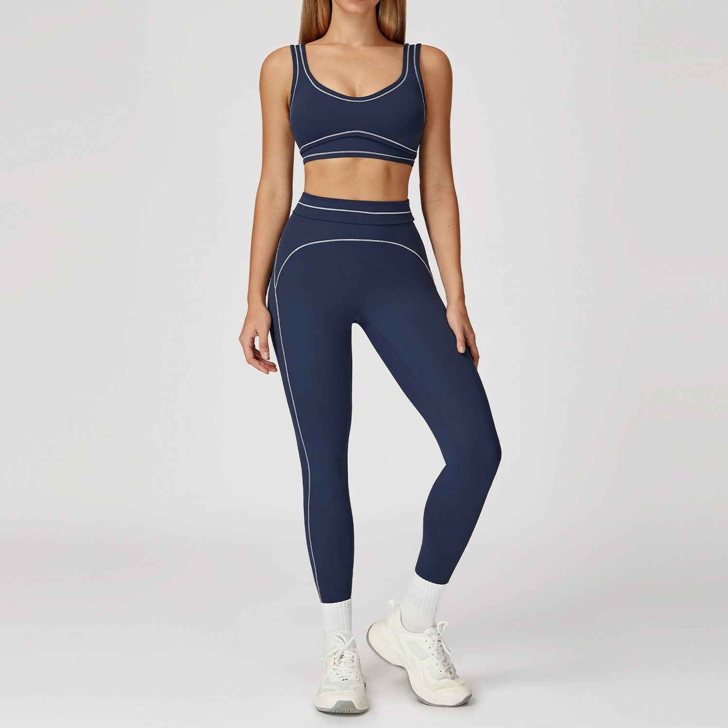 Contrast-color Brushed Yoga Set With Dual Shoulder Straps