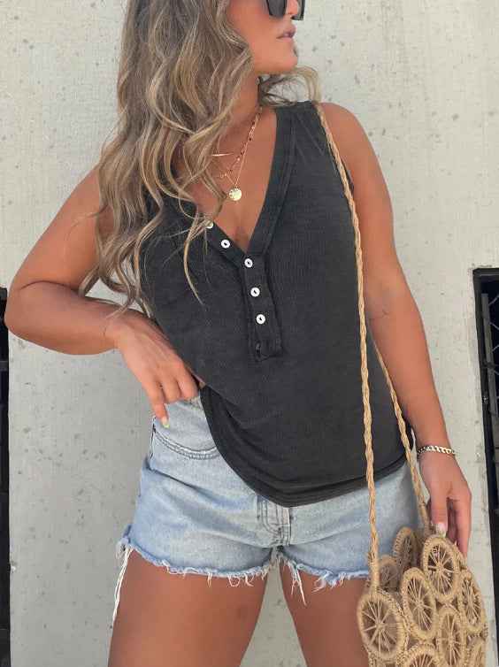 Women's Deep V-Neck Sleeveless Solid Color T-Shirt Vest With Buttoned Pocket Detailing