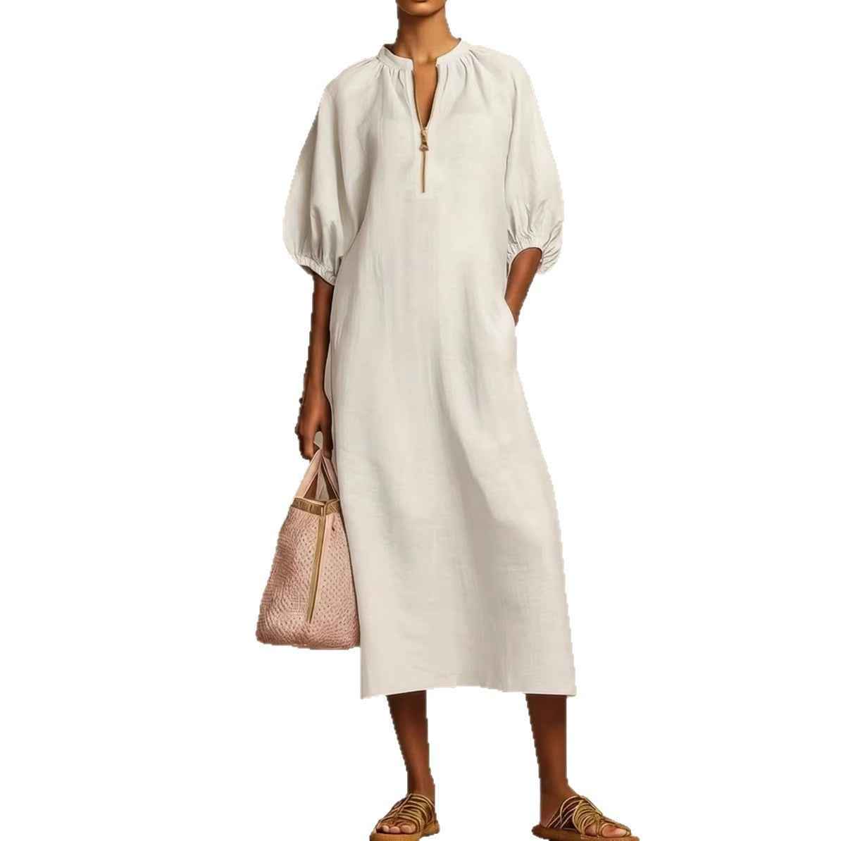 Womens Solid-Colored Cotton-Linen Loose-Fit Casual Puff-Sleeve Dress