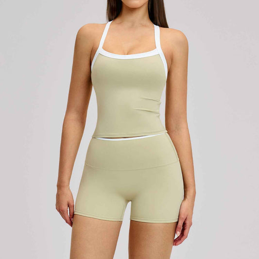 Nude-Feel Yoga Set Contrasting Colors, Crossed Back Design, Tight-Fitting Yoga Wear