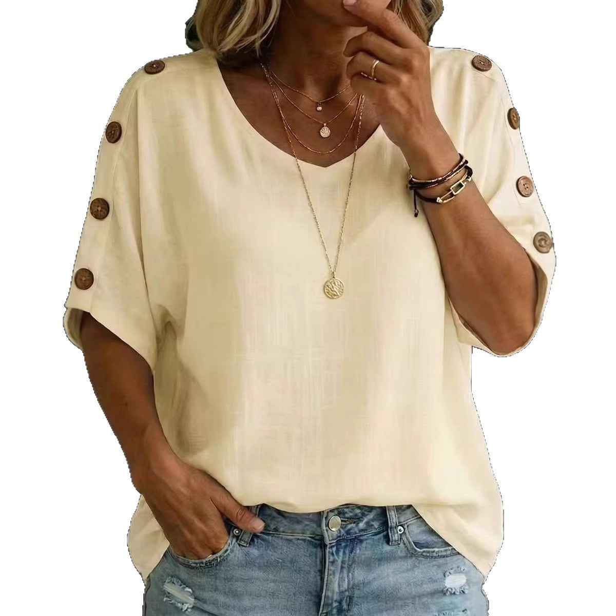 Casual Fashion Buttoned Crew-Neck Pullover Womens T-Shirt